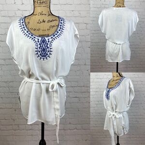 New York & Co White Boho Embroidered Tunic